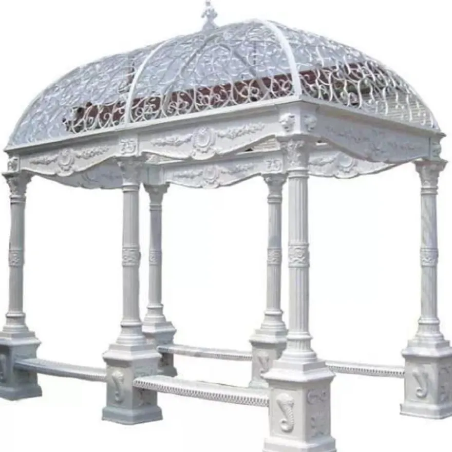 Casa Padrino Luxus Barock Garten Pavillon Weiß 390 x 250 x H. 420 cm - Gusseisen Pavillon mit integrierten Sitzbänken - Prunkvolle Garten Deko im Barockstil