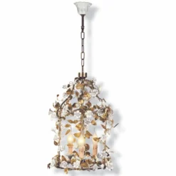 Casa Padrino Luxus Barock Hängeleuchte Gold / Weiß H. 55 cm - Prunkvolle Messing Laterne mit Porzellan Blumen - Made in Italy