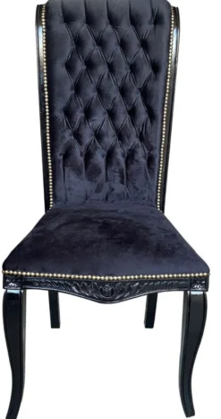 Casa Padrino Luxus Barock Hochlehn Esszimmer Stuhl Schwarz / Schwarz - Handgefertigter Antik Stil Stuhl mit edlem Samtstoff - Esszimmer Möbel im Barockstil