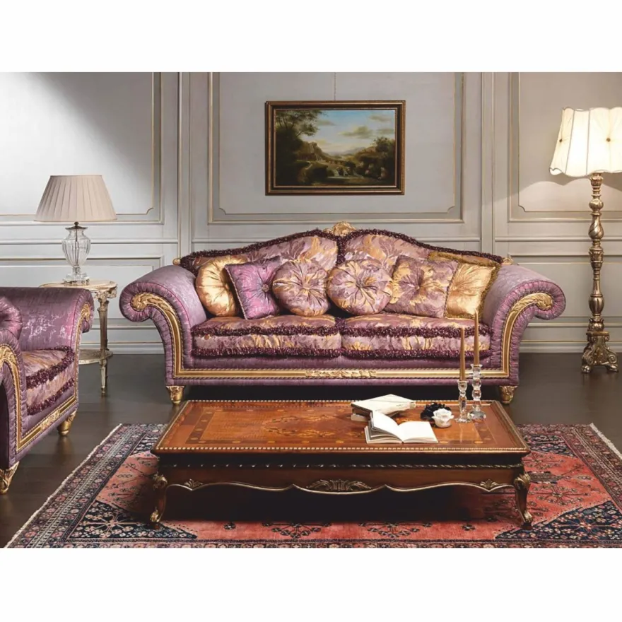 Casa Padrino Luxus Barock Hotel & Wohnzimmer Sofa Lila / Gold 260 cm - Made in Italy