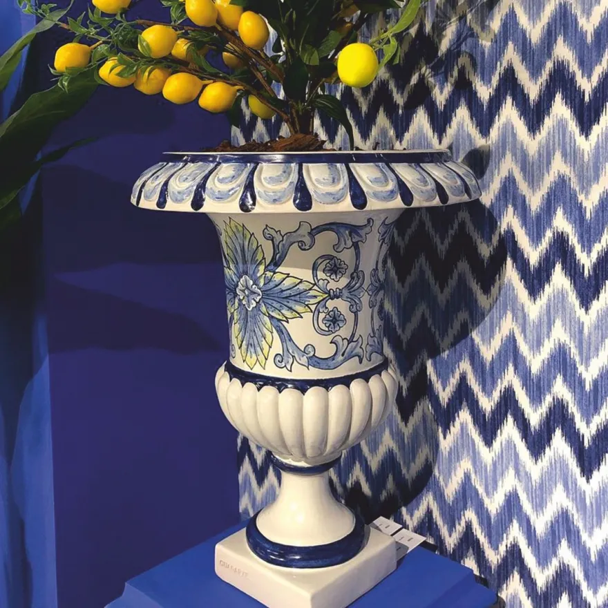 Casa Padrino Luxus Barock Keramik Blumentopf Weiß / Blau / Gelb Ø 45 x H. 57 cm