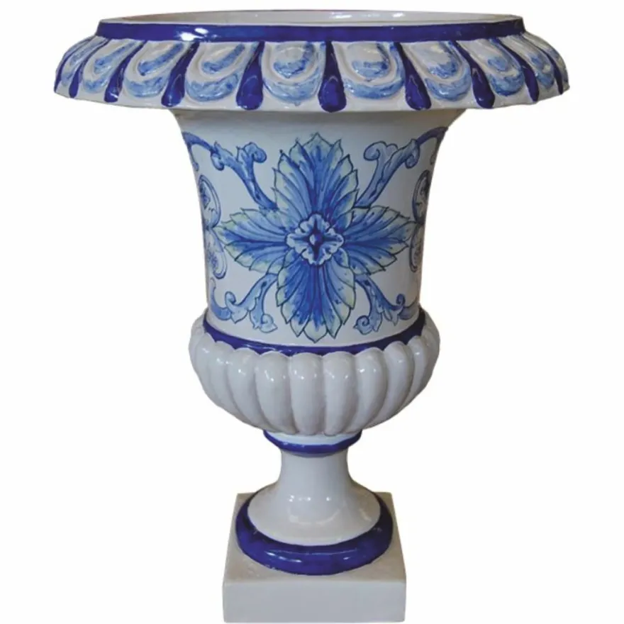 Casa Padrino Luxus Barock Keramik Blumentopf Weiß / Blau / Gelb Ø 45 x H. 57 cm