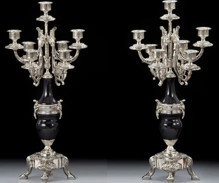Casa Padrino Luxus Barock Kerzenhalter Set Silber / Schwarz Ø 25 x H. 55 cm - Handgefertigte Barockstil Bronze Kerzenständer - Barock Deko Accessoires - Barock Interior - Edel & Prunkvoll