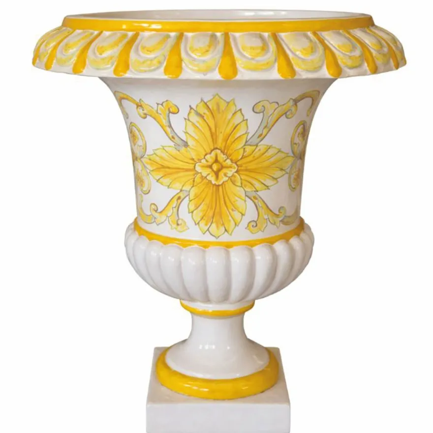 Casa Padrino Luxus Barock Keramik Blumentopf Weiß / Gelb Ø 45 x H. 57 cm - Garten Deko