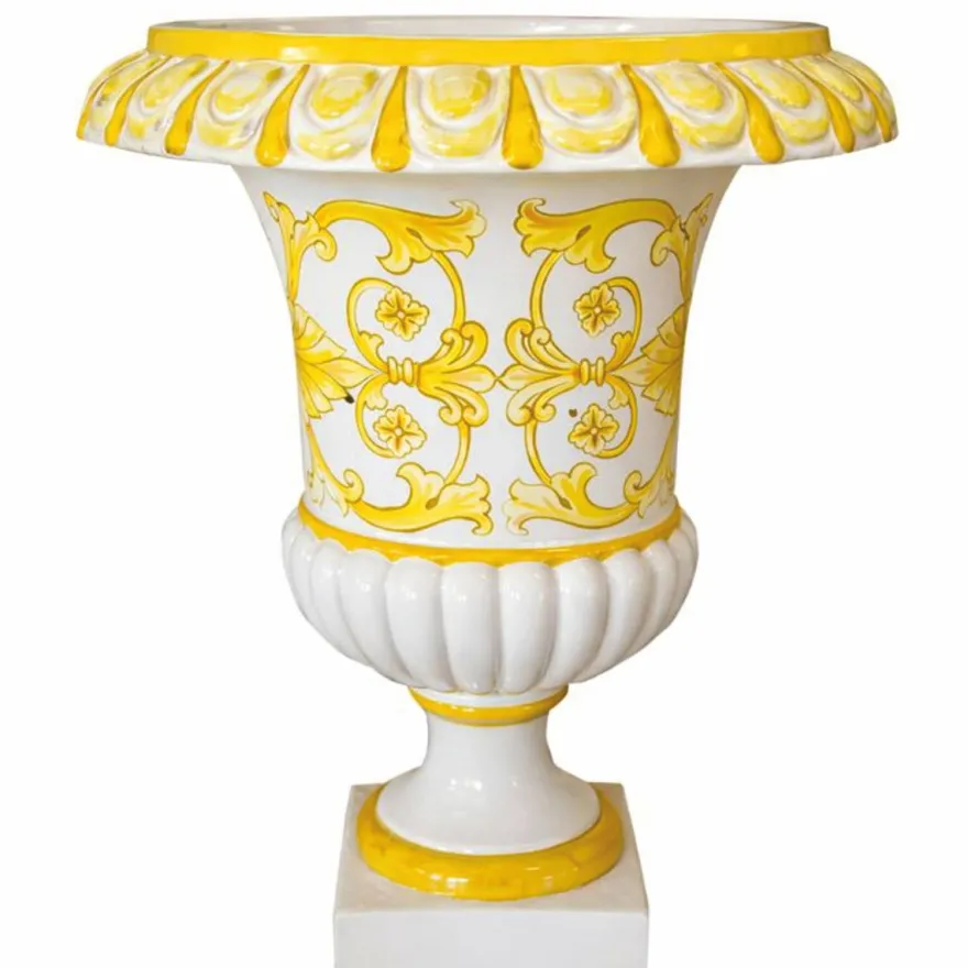 Casa Padrino Luxus Barock Keramik Blumentopf Weiß / Gelb Ø 45 x H. 57 cm - Garten Deko