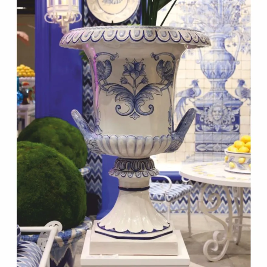 Casa Padrino Luxus Barock Keramik Blumentopf Weiß / Blau Ø 71 x H. 99,5 cm
