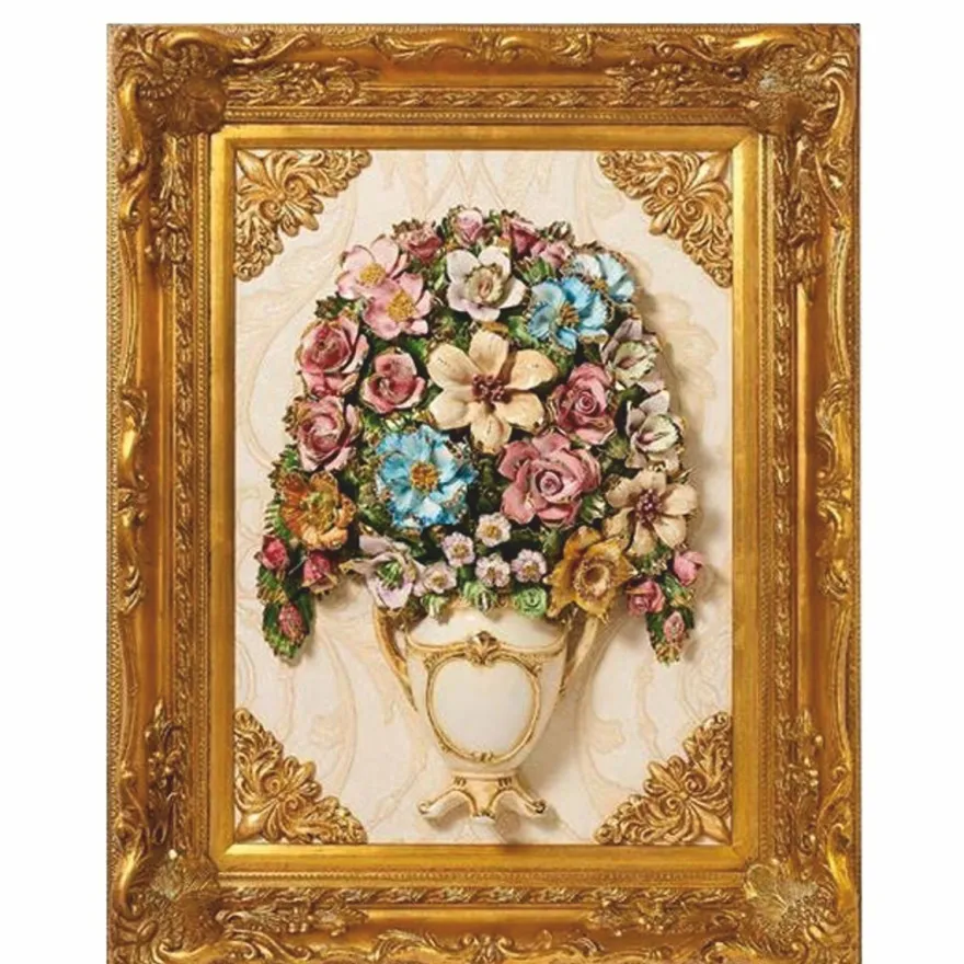 Casa Padrino Luxus Barock Keramik Gemälde mit Massivholzrahmen Creme / Beige / Gold / Bunt H. 95 cm - Barock Wanddeko - Made in Italy