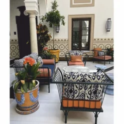 Casa Padrino Luxus Barock Keramik Blumentopf Beige / Blau / Weiß Ø 53 x H. 54 cm