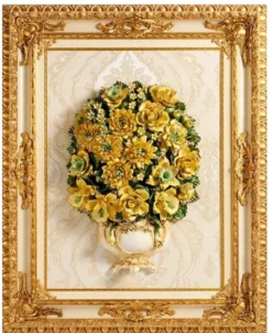 Casa Padrino Luxus Barock Keramik Gemälde mit Massivholzrahmen Creme / Beige / Gold / Grün / Gelb H. 106 cm - Barock Wanddeko - Made in Italy