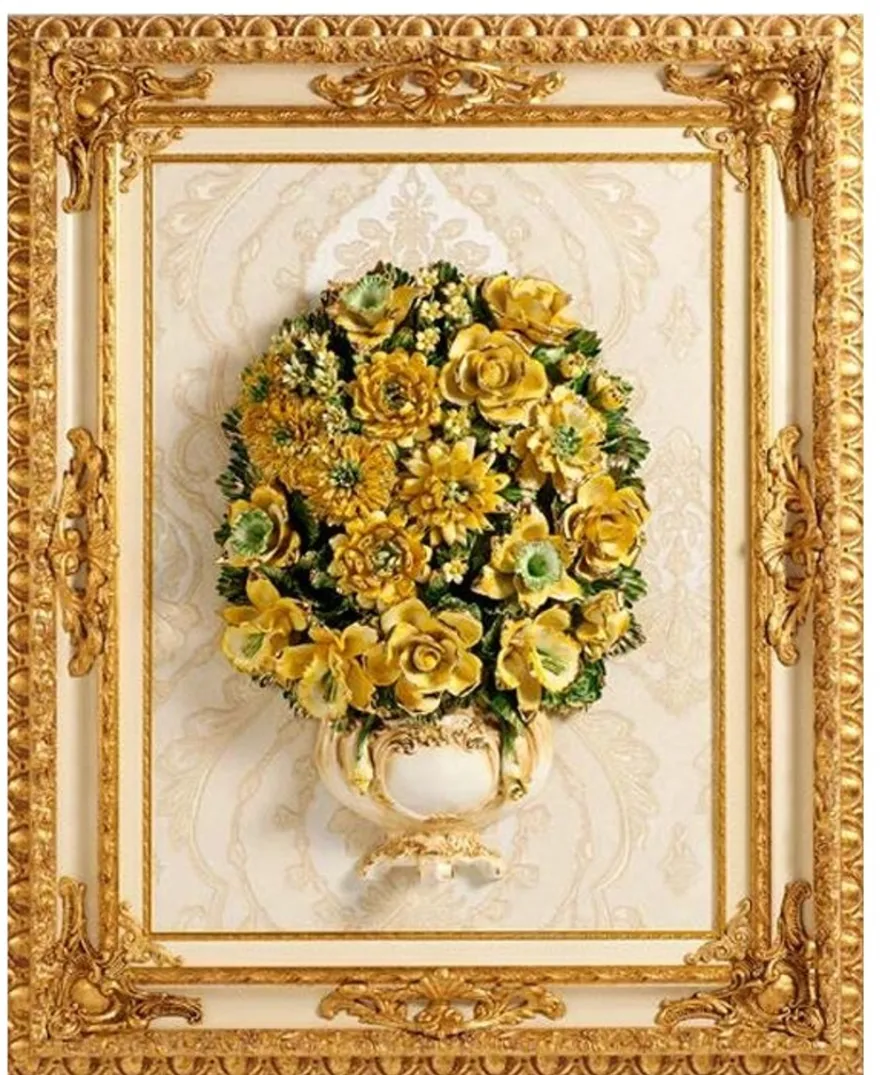Casa Padrino Luxus Barock Keramik Gemälde mit Massivholzrahmen Creme / Beige / Gold / Grün / Gelb H. 106 cm - Barock Wanddeko - Made in Italy
