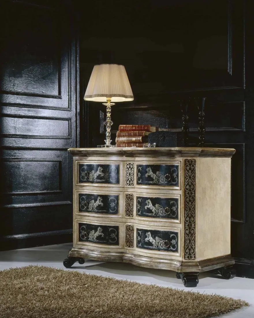 Casa Padrino Luxus Barock Kommode Naturfarben / Braun / Schwarz - Handgefertigte Massivholz Kommode mit Schubladen - Luxus Schlafzimmer Möbel im Barockstil - Luxus Qualität - Made in Italy
