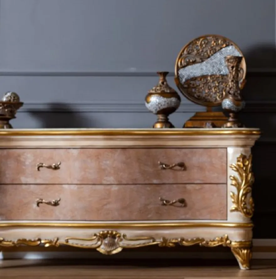 Casa Padrino Luxus Barock Kommode Beige / Weiß / Gold - Prunkvoller Massivholz Schrank mit 2 Schubladen - Barock Möbel