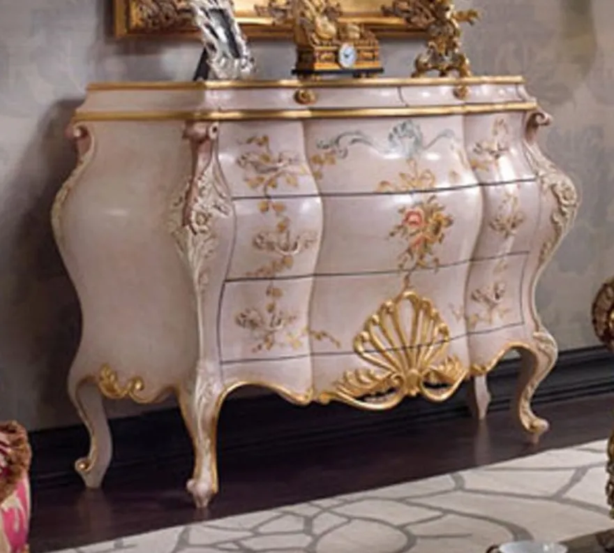 Casa Padrino Luxus Barock Kommode Rosa / Mehrfarbig / Gold - Handgefertigte Massivholz Kommode mit 5 Schubladen - Luxus Schlafzimmer Möbel im Barockstil - Luxus Qualität - Made in Italy