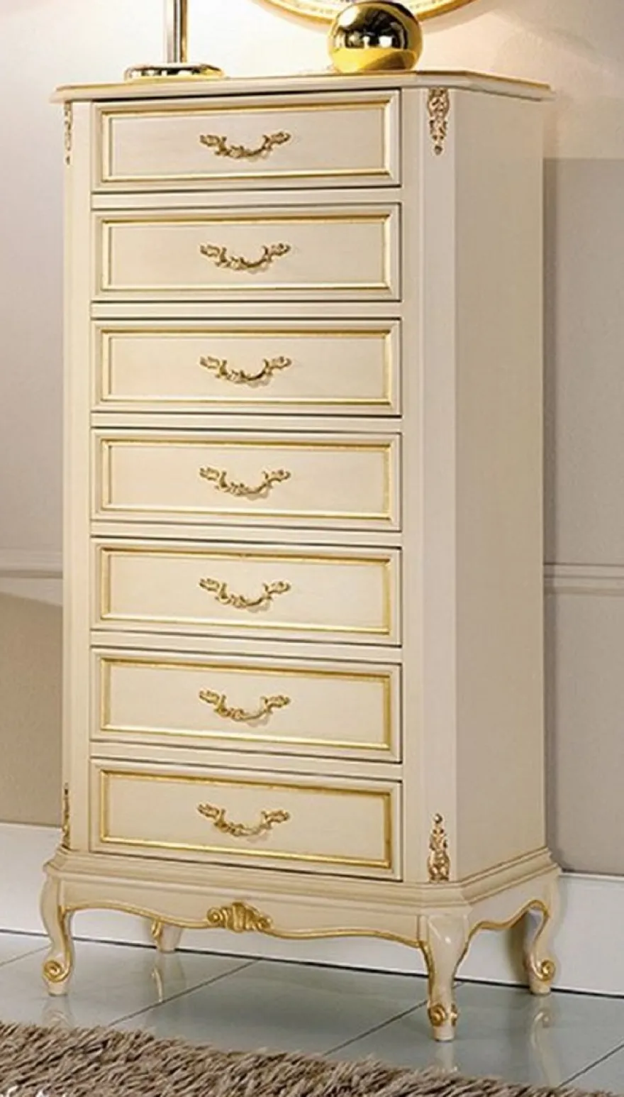 Casa Padrino Luxus Barock Kommode Creme / Gold - Handgefertigte Barockstil Massivholz Kommode mit 7 Schubladen - Handgefertigte italienische Barock Möbel - Luxus Qualität - Made in Italy
