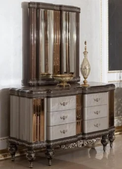 Casa Padrino Luxus Barock Kommode mit Spiegel Grau / Dunkelbraun / Gold - Barockstil Schlafzimmer Kommode mit Spiegel - Luxus Schlafzimmer Möbel im Barockstil - Barock Möbel - Edel & Prunkvoll