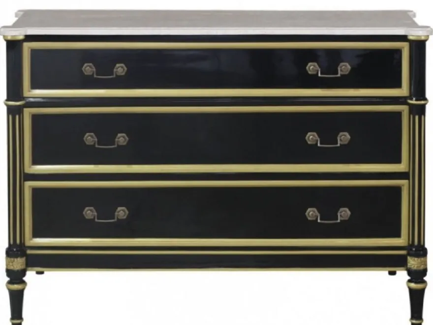 Casa Padrino Luxus Barock Kommode mit 3 Schubladen und Marmorplatte Schwarz / Gold / Weiß 111,3 x 52,6 x H. 81,3 cm - Luxus Möbel im Barockstil