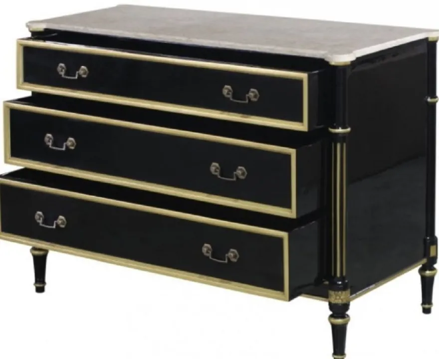 Casa Padrino Luxus Barock Kommode mit 3 Schubladen und Marmorplatte Schwarz / Gold / Weiß 111,3 x 52,6 x H. 81,3 cm - Luxus Möbel im Barockstil