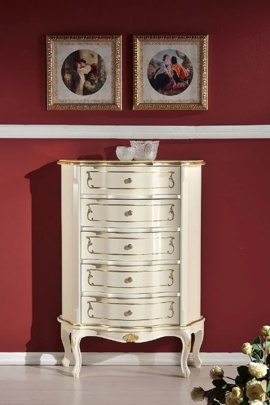 Casa Padrino Luxus Barock Kommode Creme / Gold - Handgefertigte Barockstil Massivholz Kommode mit 5 Schubladen - Handgefertigte italienische Barock Möbel - Luxus Qualität - Made in Italy