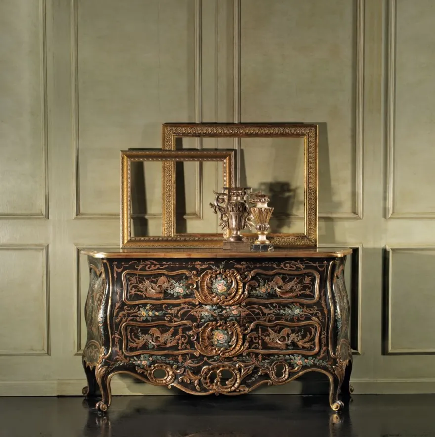 Casa Padrino Luxus Barock Kommode Schwarz / Mehrfarbig / Antik Gold - Handgefertigte Massivholz Kommode mit 2 Schubladen - Luxus Schlafzimmer Möbel im Barockstil - Luxus Qualität - Made in Italy