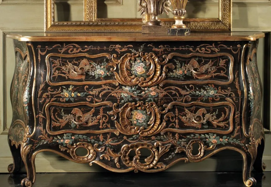 Casa Padrino Luxus Barock Kommode Schwarz / Mehrfarbig / Antik Gold - Handgefertigte Massivholz Kommode mit 2 Schubladen - Luxus Schlafzimmer Möbel im Barockstil - Luxus Qualität - Made in Italy