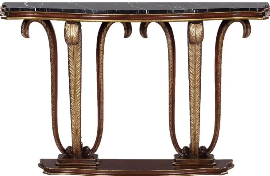Casa Padrino Luxus Barock Konsole Braun / Gold / Schwarz 145 x 42 x H. 90 cm - Mahagoni Konsolentisch mit dekorativen handgeschnitzten Federn und Marmorplatte - Edle Möbel im Barockstil