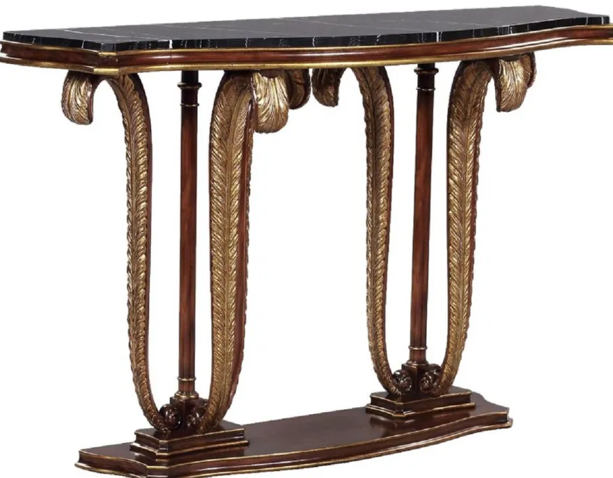Casa Padrino Luxus Barock Konsole Braun / Gold / Schwarz 145 x 42 x H. 90 cm - Mahagoni Konsolentisch mit dekorativen handgeschnitzten Federn und Marmorplatte - Edle Möbel im Barockstil