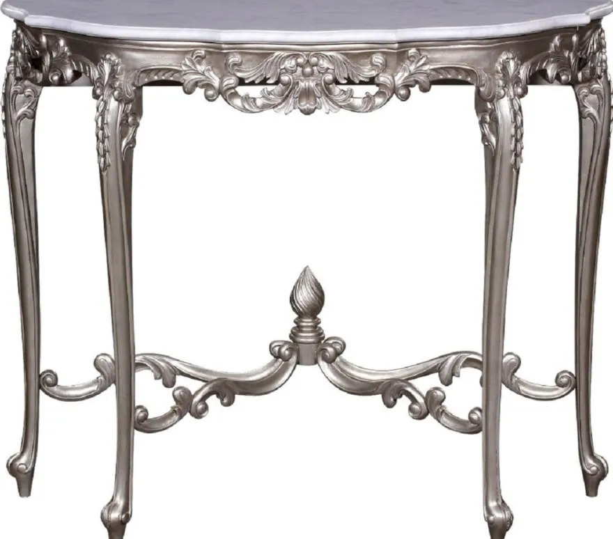 Casa Padrino Luxus Barock Konsole Silber / Weiß - Handgeferigter Massivholz Konsolentisch mit Marmorplatte - Barock Möbel