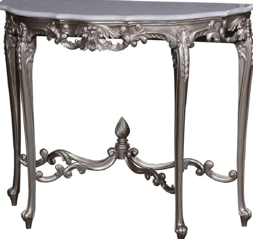 Casa Padrino Luxus Barock Konsole Silber / Weiß - Handgeferigter Massivholz Konsolentisch mit Marmorplatte - Barock Möbel