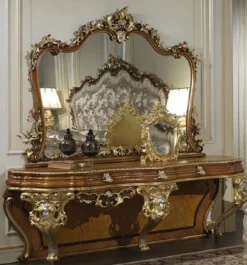 Casa Padrino Luxus Barock Konsole mit Spiegel Braun / Gold / Silber - Prunkvoller handgefertigter Schminktisch mit Wandspiegel - Hotel Möbel - Schloss Möbel - Luxus Qualität - Made in Italy