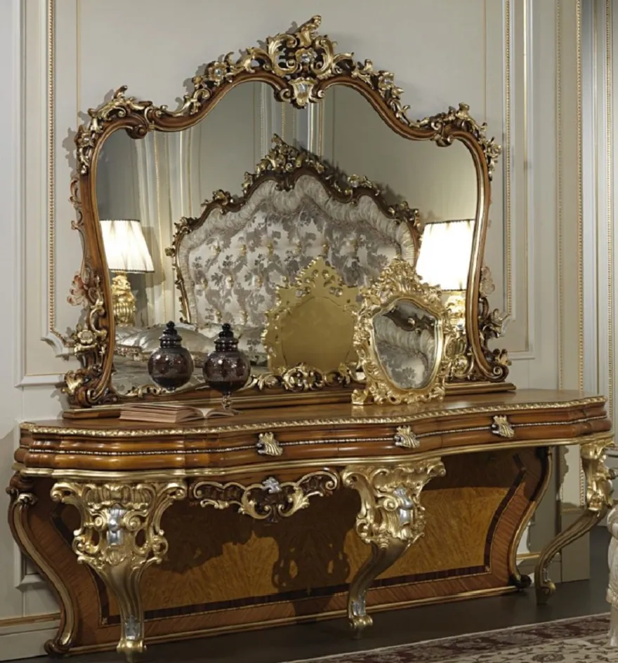 Casa Padrino Luxus Barock Konsole mit Spiegel Braun / Gold / Silber - Prunkvoller handgefertigter Schminktisch mit Wandspiegel - Hotel Möbel - Schloss Möbel - Luxus Qualität - Made in Italy