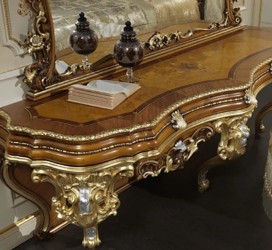 Casa Padrino Luxus Barock Konsole mit Spiegel Braun / Gold / Silber - Prunkvoller handgefertigter Schminktisch mit Wandspiegel - Hotel Möbel - Schloss Möbel - Luxus Qualität - Made in Italy