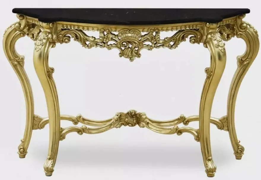 Casa Padrino Luxus Barock Konsole Gold / Schwarz - Handgefertigter Massivholz Konsolentisch mit Marmorplatte - Luxus Wohnzimmer Möbel im Barockstil - Barock Möbel - Barock Einrichtung