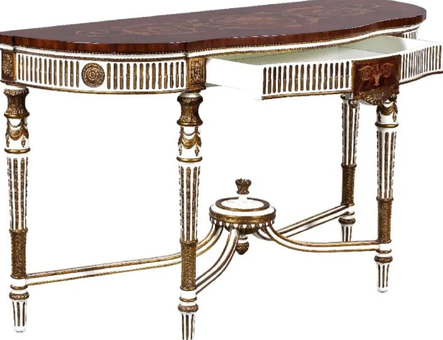 Casa Padrino Luxus Barock Konsole Weiß / Braun / Gold - Handgefertigter Massivholz Konsolentisch mit Schublade - Luxus Wohnzimmer Möbel im Barockstil - Barock Möbel - Barock Einrichtung