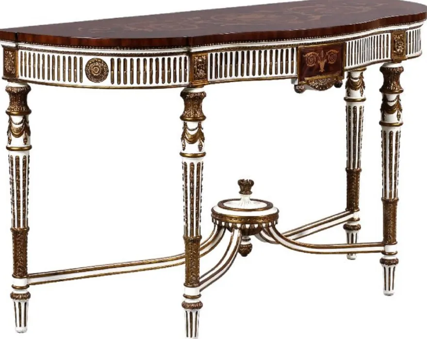 Casa Padrino Luxus Barock Konsole Weiß / Braun / Gold - Handgefertigter Massivholz Konsolentisch mit Schublade - Luxus Wohnzimmer Möbel im Barockstil - Barock Möbel - Barock Einrichtung