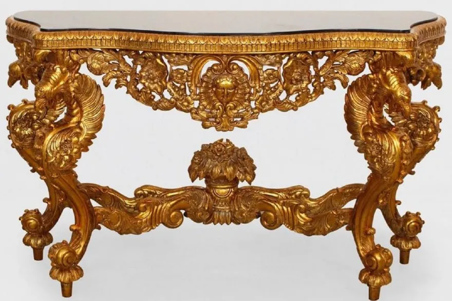 Casa Padrino Luxus Barock Konsole Gold / Schwarz - Handgefertigter Massivholz Konsolentisch mit edlen Verzierungen und Marmorplatte - Barock Möbel