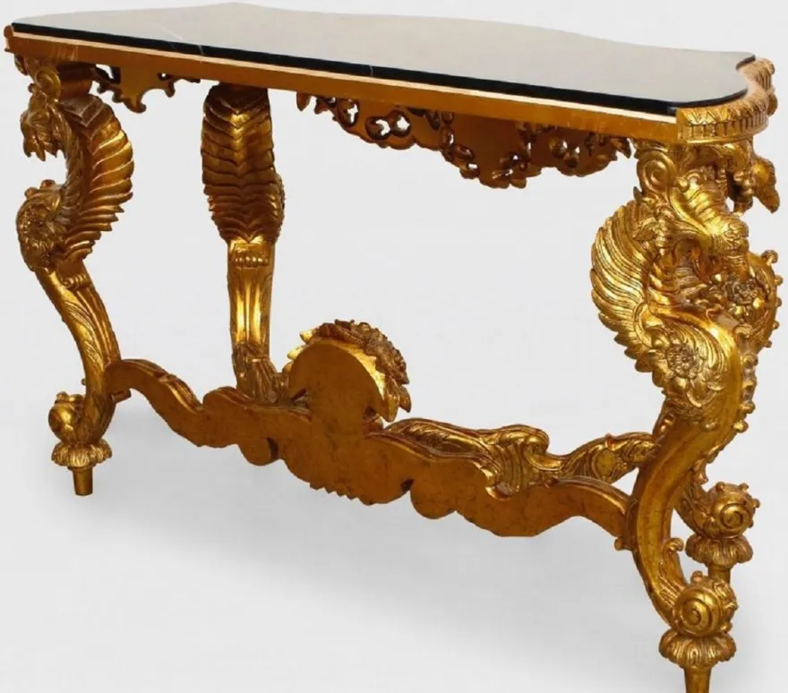 Casa Padrino Luxus Barock Konsole Gold / Schwarz - Handgefertigter Massivholz Konsolentisch mit edlen Verzierungen und Marmorplatte - Barock Möbel