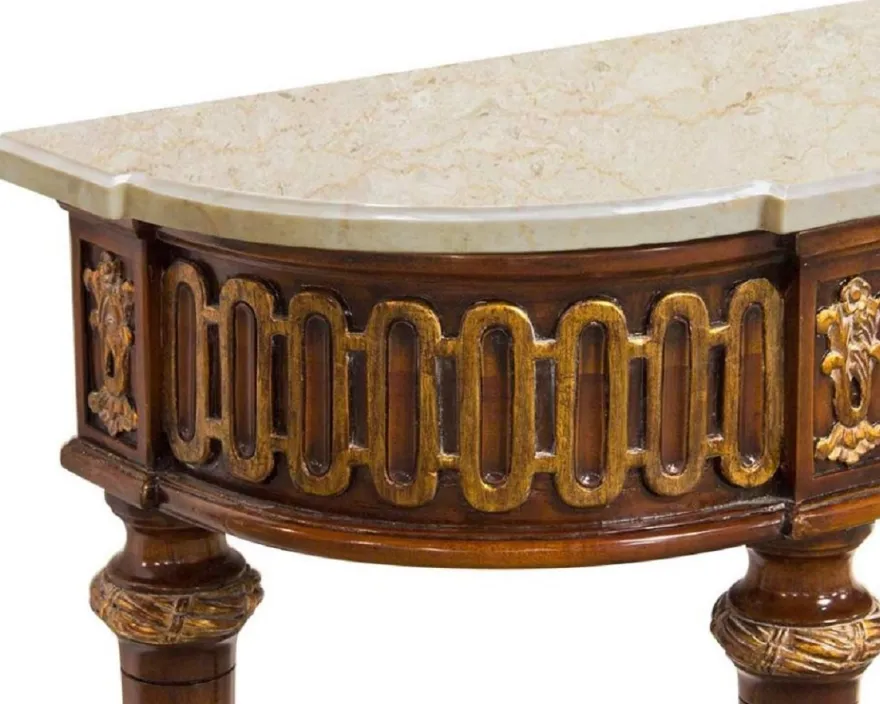 Casa Padrino Luxus Barock Konsole Braun / Gold / Cremefarben - Handgefertigter Massivholz Konsolentisch mit edlen Verzierungen und Marmorplatte - Barock Möbel
