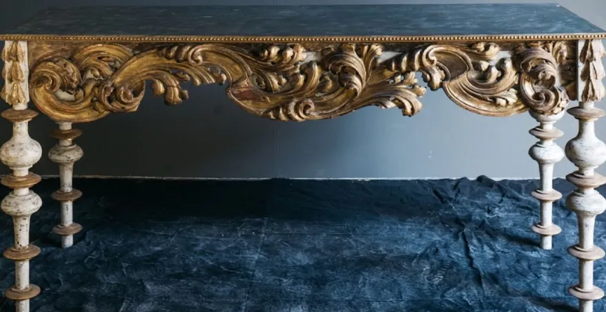 Casa Padrino Luxus Barock Konsole mit Marmorplatte Antik Weiß / Antik Gold / Schwarz 190 x 62 x H. 92 cm - Handgefertigter Antik Stil Konsolentisch