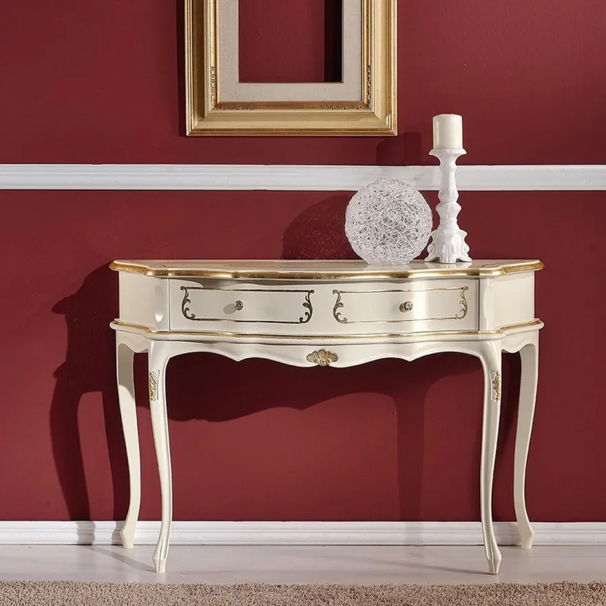 Casa Padrino Luxus Barock Konsole Cremefarben / Gold - Handgefertigter Massivholz Konsolentisch mit Schublade - Barock Möbel - Luxus Qualität - Made in Italy