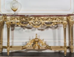 Casa Padrino Luxus Barock Konsole Gold / Rot 200 x 48 x H. 93 cm - Prunkvoller handgeschnitzter Konsolentisch mit Marmorplatte - Hotel Restaurant Schloss Möbel - Luxus Qualität - Made in Italy