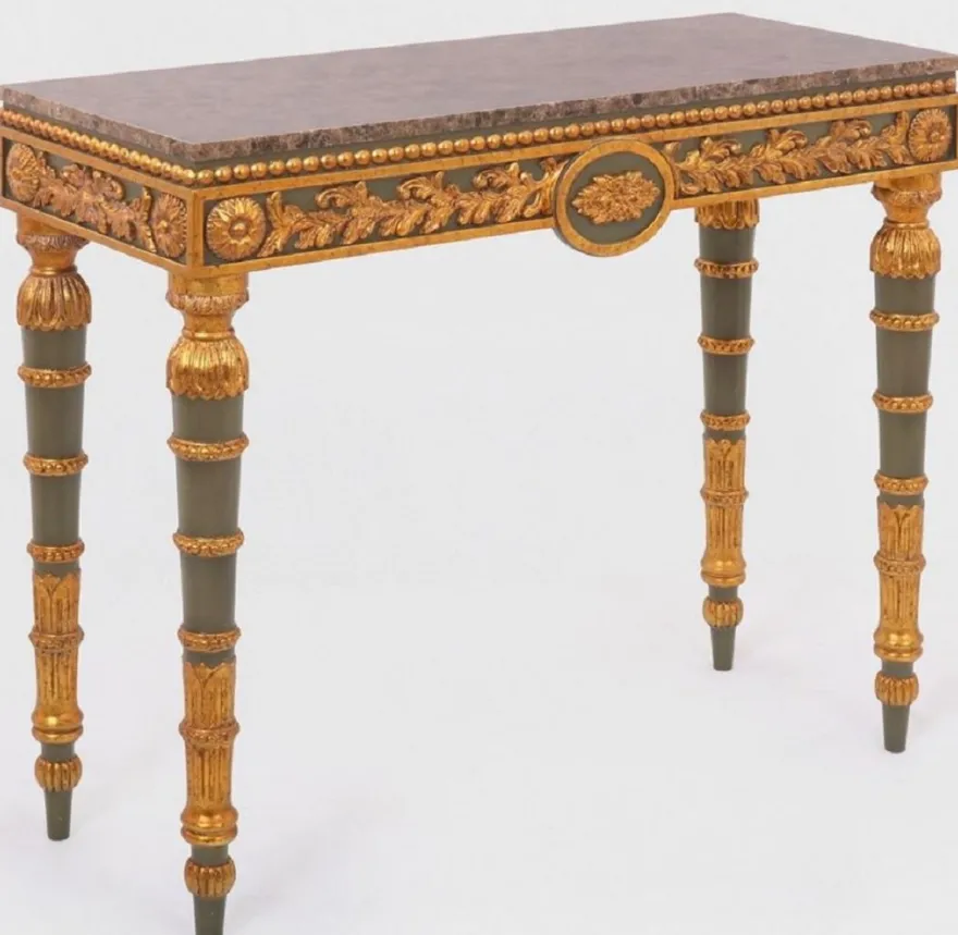 Casa Padrino Luxus Barock Konsole Grau / Antik Gold / Braun - Handgefertigter Massivholz Konsolentisch mit edlen Verzierungen und Marmorplatte - Barock Möbel