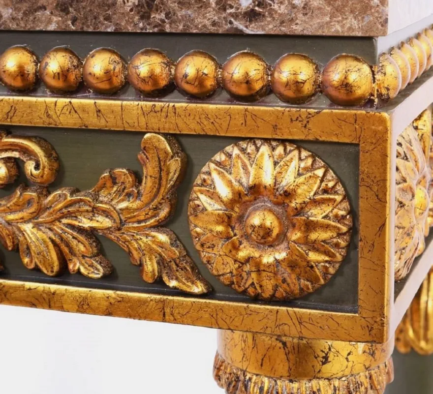 Casa Padrino Luxus Barock Konsole Grau / Antik Gold / Braun - Handgefertigter Massivholz Konsolentisch mit edlen Verzierungen und Marmorplatte - Barock Möbel