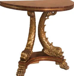 Casa Padrino Luxus Barock Konsole Braun / Gold 92 x 47 x H. 83 cm - Halbrunder Massivholz Konsolentisch mit dekorativen handgeschnitzten Koi Fischen und Löwenfüßen - Edel & Prunkvoll