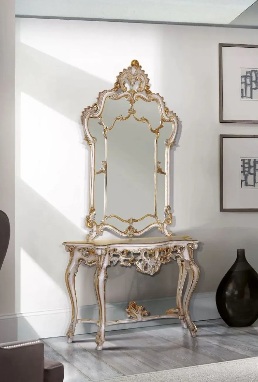 Casa Padrino Luxus Barock Konsole Weiß / Antik Gold - Handgefertigter Massivholz Konsolentisch - Barock Möbel - Luxus Qualität - Made in Italy