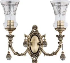 Casa Padrino Luxus Barock Kristall Wandleuchte Messing mit Patina / Silber 43 x H. 37 cm