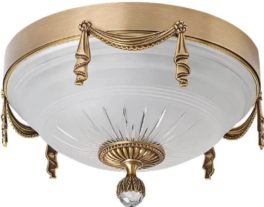 Casa Padrino Luxus Barock Kristall Deckenleuchte Messing mit Patina / Weiß Ø 30 x H. 20 cm - Runde Barockstil Wohnzimmer Deckenlampe - Barock Leuchten - Barock Möbel - Edel & Prunkvoll
