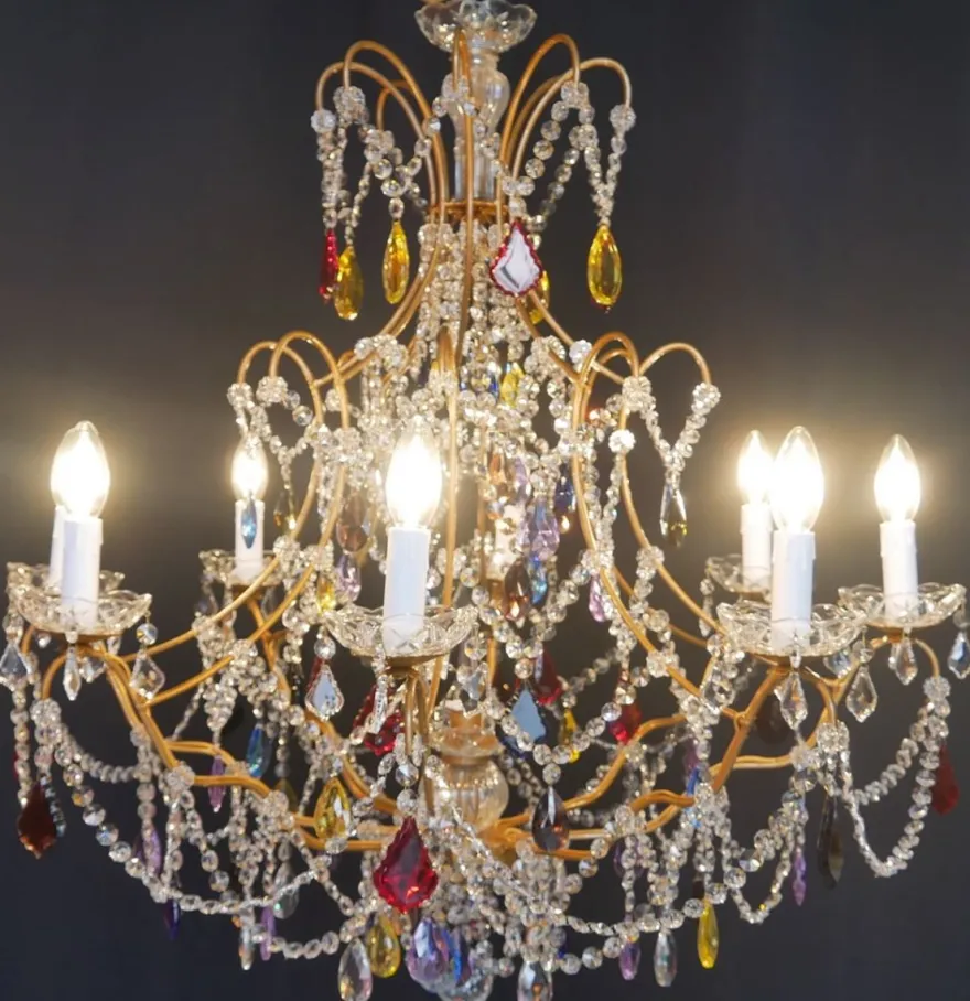 Casa Padrino Luxus Barock Kristallglas Kronleuchter Mehrfarbig / Gold Ø 80 x H. 80 cm - Hotel & Restaurant Kronleuchter - Barock Leuchten - Edel & Prunkvoll - Luxus Qualität - Made in Italy