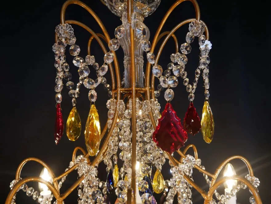 Casa Padrino Luxus Barock Kristallglas Kronleuchter Mehrfarbig / Gold Ø 80 x H. 80 cm - Hotel & Restaurant Kronleuchter - Barock Leuchten - Edel & Prunkvoll - Luxus Qualität - Made in Italy