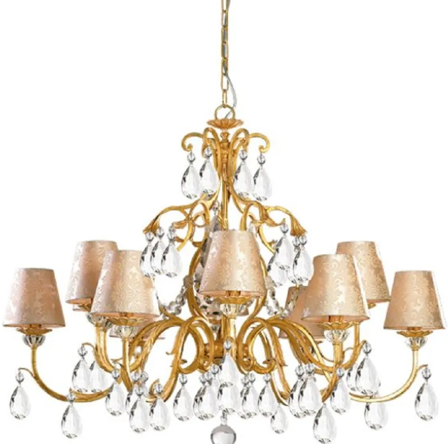 Casa Padrino Luxus Barock Kristall Kronleuchter Gold Ø 108 x H. 86 cm - Prunkvoller Kronleuchter mit Böhmischem Kristallglas und Lampenschirmen aus edlem Damast Stoff - Luxus Qualität