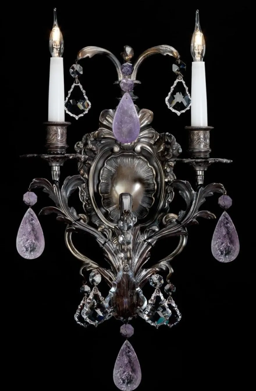 Casa Padrino Luxus Barock Kristall Doppel Wandleuchte Antik Bronze / Violett 30 x 22 x H. 52 cm - Prunkvolle Barockstil Wandlampe mit hochwertigem Amethyst Stein und Kristallglas - Made in Italy